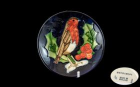 Moorcroft ' Robin & Holly ' Xmas Pin Dish. 5 Inches Diameter. Full Stamps to Base.