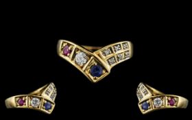 Ladies - 18ct Gold Ruby, Diamond and Sapphire Set Wishbone Ring.