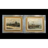 Pair of Oil Paintings on Board Depicting Boats and Figures on a sea front and river landscape,