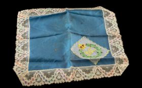 R A C Embroidered Blue Silk Table Place Setting Napkin, from WWI