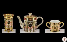 Royal Crown Derby Miniature Trio of Imari Pattern - Single Gold Banded Pieces. Pattern 1128.