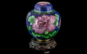 Chinese Cloisonne Ginger Jar with lid, the blue ground of the body decorated with pink roses; 5.