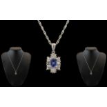 Ladies 18ct White Gold - Superb Diamond and Tanzanite Set Pendant Drop,