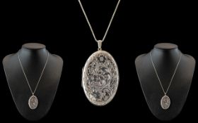 Large Silver Locket & Silver Necklace. Large Silver Locket with Floral Decoration, Locket 4.5 cms.