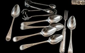 Set of Six Sterling Silver Teaspoons + Two Pairs of Silver Nips + One Small Silver Fork.