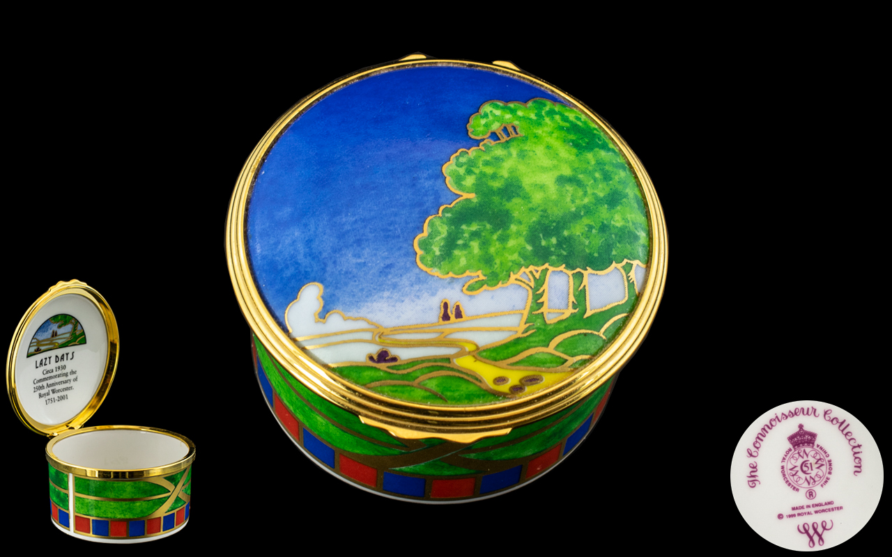 Royal Worcester - Superb Quality Hand Painted Enamel Lidded Box of Circular Form.