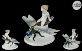 Rosenthal Superb Hand Painted Novelty Porcelain Figure - Child Riding a Dragonfly Figure ' Guiding