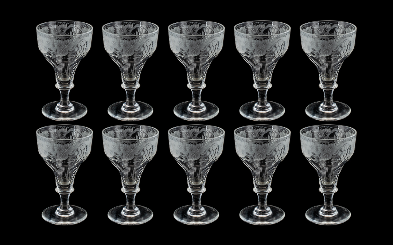 Collection of Victorian Wine Glasses. Antique Wine Glasses with Superb Decoration, Grape Vine