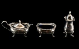 Three Piece Silver Cruet/ Condiment Set with blue glass liners, hallmarked Sheffield, 1946,