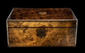 Burl Walnut Wooden Writing Slope with two brass lidded inkwells and apertures for pens and paper.