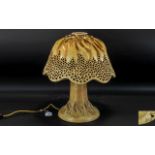 Unusual Art Pottery Glazed Stoneware Mushroom Shaped Lamp and Shade, the shade mimicking a real silk