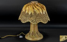 Unusual Art Pottery Glazed Stoneware Mushroom Shaped Lamp and Shade, the shade mimicking a real silk