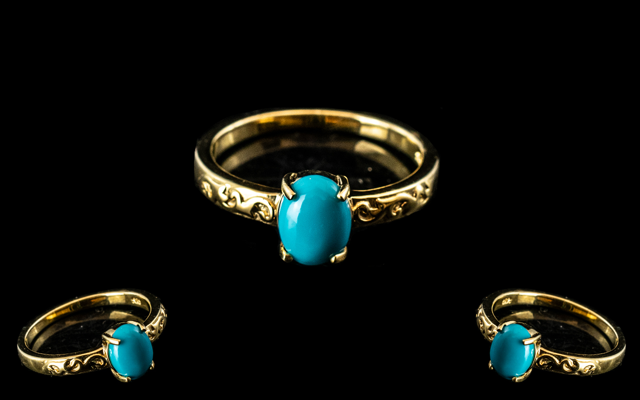 Turquoise Solitaire Ring, size Q, an oval cut cabochon of matrix free turquoise,