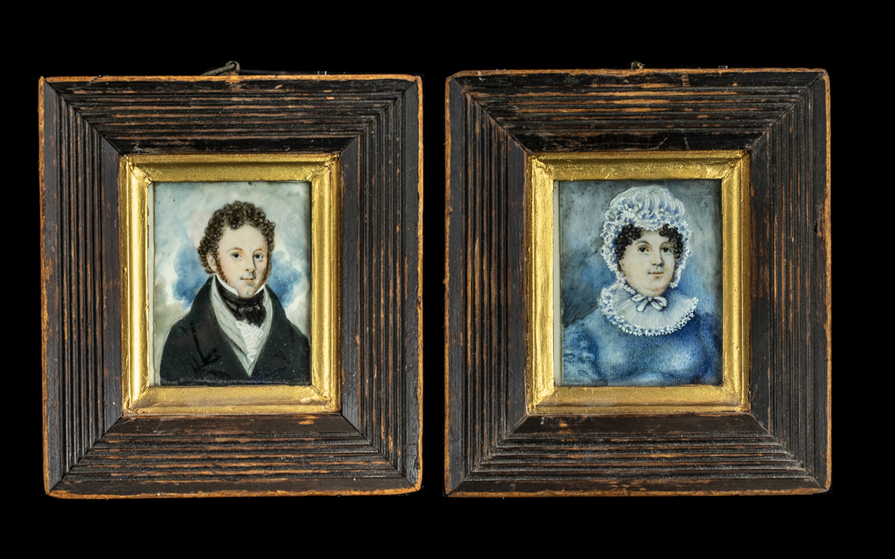 Pair of Antique Primitive Portrait Miniatures, painted on ivory, of Mr and Mrs J.Von Indermaur,