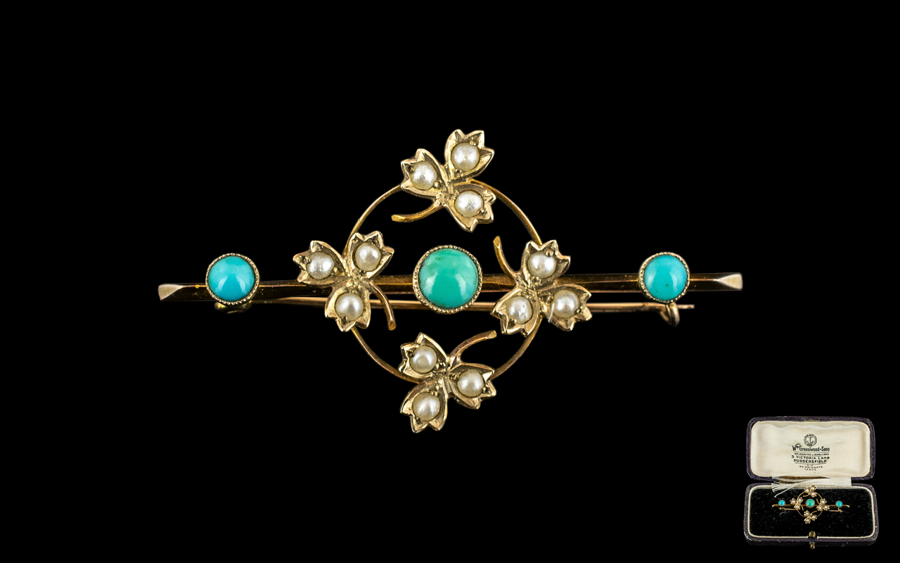 Victorian Period Attractive 9ct Gold Brooch, Set with Turquoise and Seed Pearls - Ornate Design.