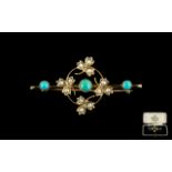 Victorian Period Attractive 9ct Gold Brooch, Set with Turquoise and Seed Pearls - Ornate Design.