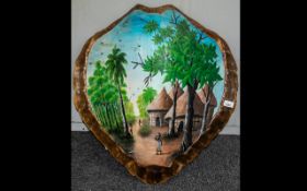 Large Painted Shell depicting an African village scene with figures; 27 inches (67.