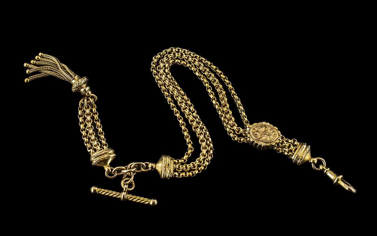 A Superb - 19th Century 15ct Gold - Deluxe Fancy Ornate Watch Chain with Tassels Drop and Slide