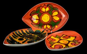 Poole Pottery - Set of 3 Delphis Spear Trays, All Different. Approx 8 by 12 Inches.