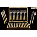 Victorian Period Silver Banded Excellent Boxed Set of ( 12 ) Fish Knives and ( 12 ) Forks,