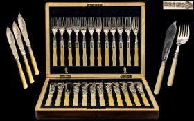 Victorian Period Silver Banded Excellent Boxed Set of ( 12 ) Fish Knives and ( 12 ) Forks,