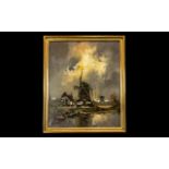 Dutch Oil Painting on Canvas Depicting a Windmill in a landscape, signed Brummer; in gilt slip