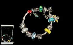 Pandora - Superb Sterling Silver Bracelet Loaded with 14 Quality Pandora Charms,