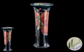 Moorcroft Signed ' Blue Pomegranates' Trumpet Vase. Odd Scuff Marks. Stamps to Base. Size 8.