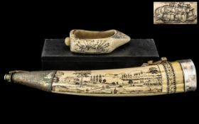 Decorative Powder Horn Scrimshaw 'The Bark Cavalier of New Bedford', white metal mounts.