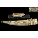 Decorative Powder Horn Scrimshaw 'The Bark Cavalier of New Bedford', white metal mounts.