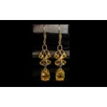 Citrine Lever Back Drop Earrings, pear cut quatrefoils of warm, golden citrine,