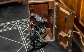 Vintage Microscope in Wooden Locking Cas