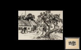 Robert James Enraght Moony (1879-1946) Pen and ink sketch depicting a village scene. Measures 3.