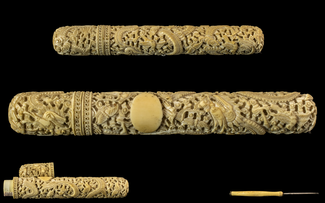 Chinese - Canton 19th Century Carved Ivory Needle Case with Screw Fit Lid and Vacant Cartouche,