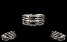 Ladies - 18ct White Gold Contemporary Designed Diamond Set 5 Row Fashion Ring,