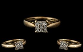 9ct Gold Ladies Dress Ring, Central Square With 9 Illusion Set Round Brilliant Cut Diamonds,