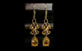 Citrine Lever Back Drop Earrings, pear cut quatrefoils of warm, golden citrine, with oval cut