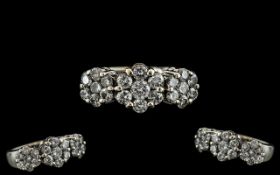 18ct White Gold - Attractive and Contemporary Triple Diamond Cluster Ring, Excellent Design. Full