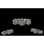 18ct White Gold - Attractive and Contemporary Triple Diamond Cluster Ring, Excellent Design. Full