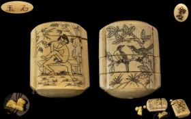 Japanese - Signed Pair of Early 20th Century Ivory / Bone Inros ( 4 Section ) Both Depicting Erotic