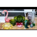 Collection of Glass Items, including a green glass fruit bowl and six matching small bowls,