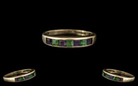 Gold 9ct Ladies Ring, Channel Set Green & Purple Gemstones, Stamped 375, Gross Weight 1.