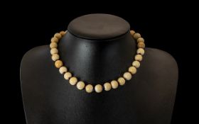 Antique Period - Attractive Ivory / Bone Beaded Necklace, Well Matched and Knotted. c.1900.