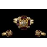 18ct Gold - Attractive Ruby and Diamond Dress Ring - In The Art Deco Style. Marked 18ct to