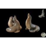 Royal Copenhagen Vintage Pair of Hand Painted Porcelain Seal Lion Figures ( 2 ) Comprises 1/ Sea