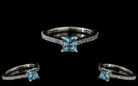 Platinum - Blue Sapphire and Diamond Set Dress Ring of Contemporary Design.