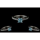 Platinum - Blue Sapphire and Diamond Set Dress Ring of Contemporary Design.