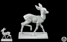 Rosenthal White Glazed Porcelain Figure ' Fawn ' Walking on a Rectangular Base. c.1930's.