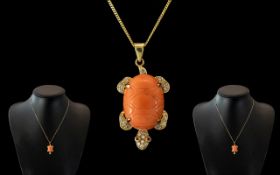 Ladies - 18ct Gold Superb Bespoke Coral - Diamond and Ruby Set Novelty Pendant With Attached 18ct