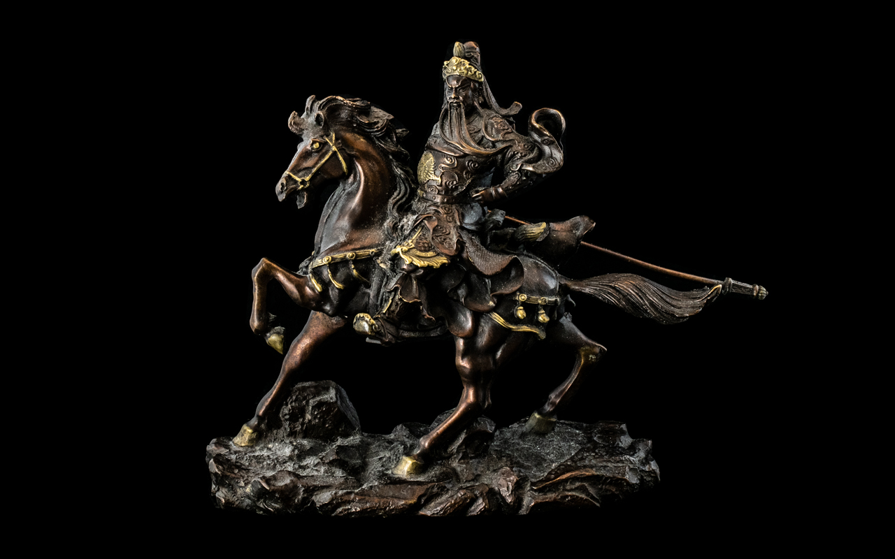 Japanese Bronze Figure / Sculpture Samurai Warrior on Horseback and Weapons In Hand,